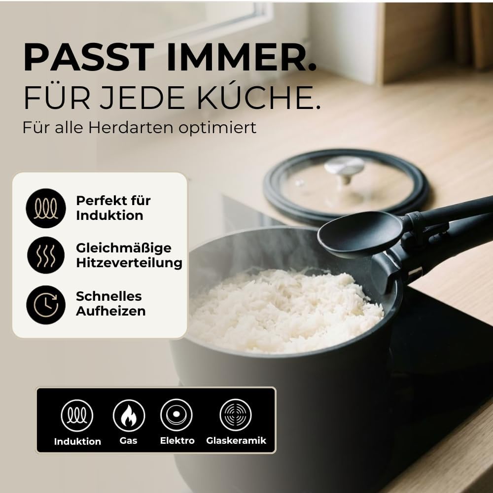 Essential Topf und Pfannenset 8-teilig Induktion, Abnehmbarer Griff, Stapelbar, Platzsparend, Backof