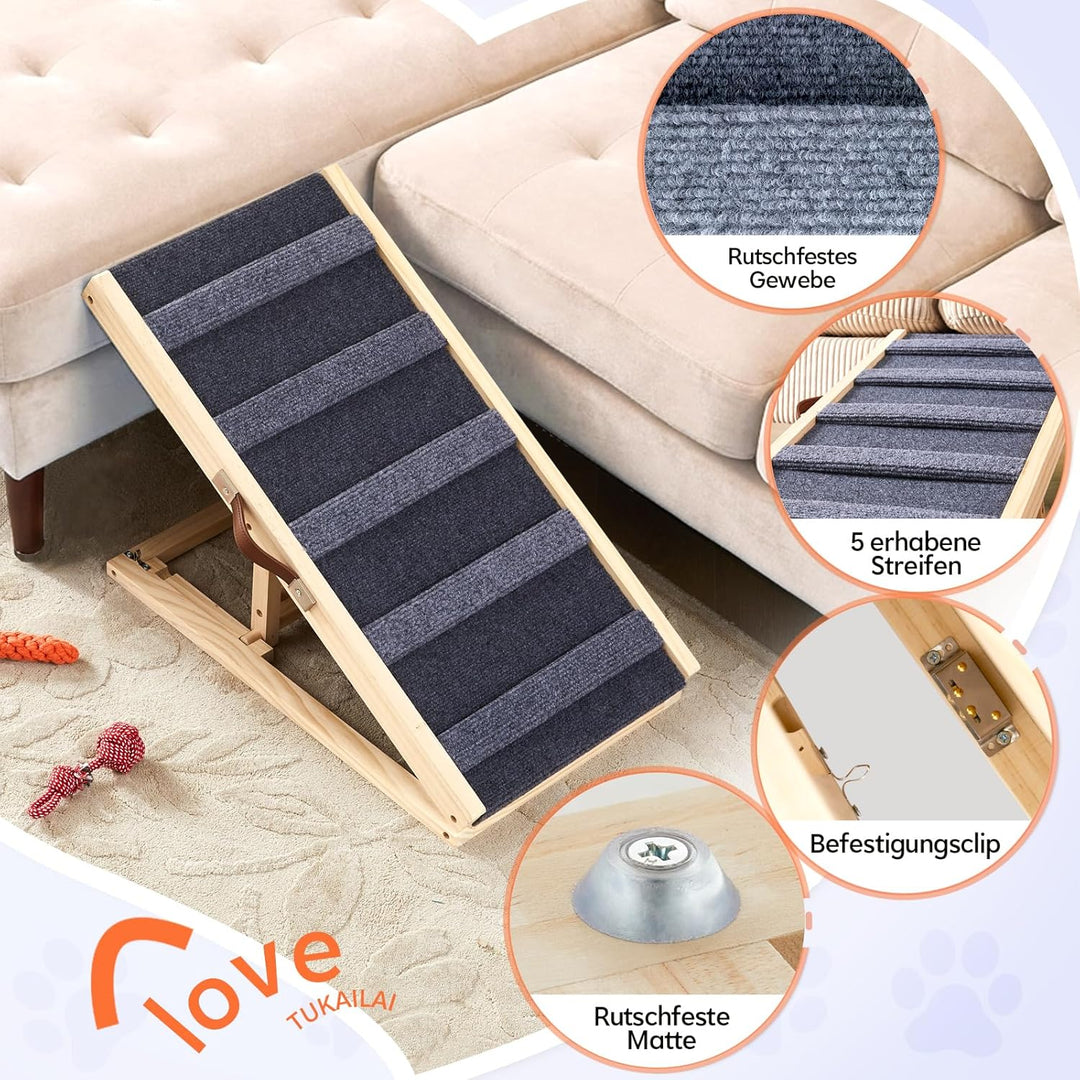 Tukailai Hunderampe aus Holz 70cm Lang Hundetreppe für Bett Sofa Auto Klappbare 2 Höhenverstellbar H