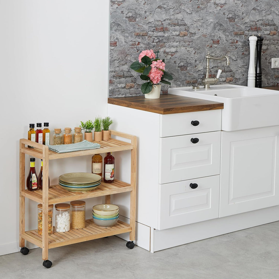 Relaxdays Badregal, Holz, HxBxT: 72 x 65 x 31 cm, Holzregal mit Rollen, 3 Ablagen, Regal für Badezim
