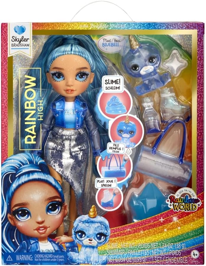 Rainbow High Modepuppe mit Schleim & Haustier - Skyler (Blau) - 28 cm Schimmernde Puppe mit Glitzers