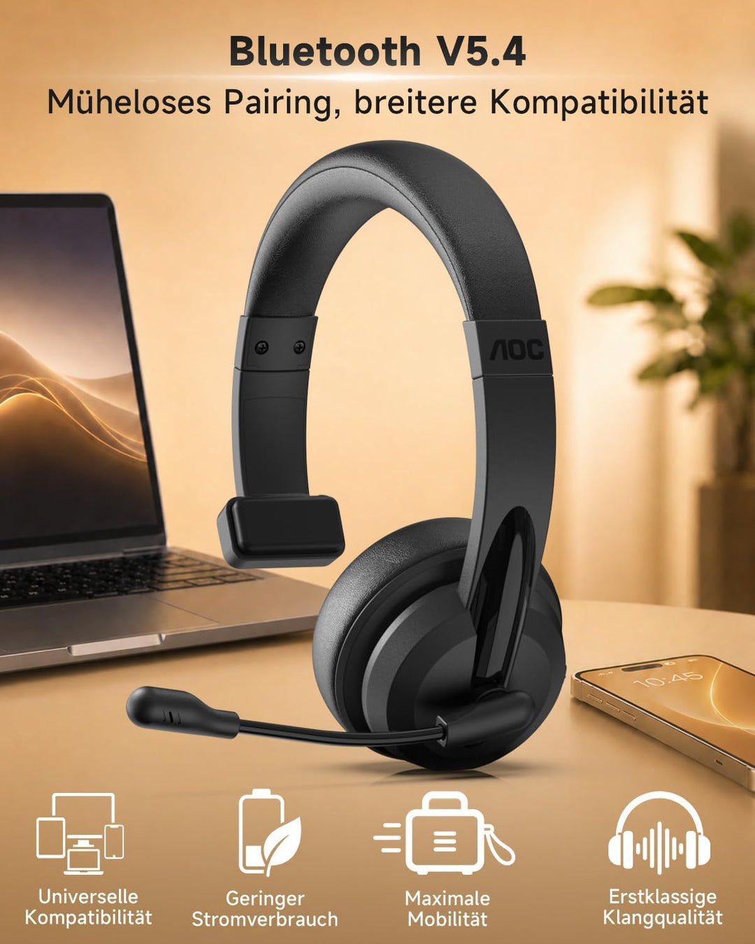 AOC 3-in-1 Bluetooth Headset mit Mikrofon Mono Headset Kabellos 2.4G Dongle | Bluetooth Headset mit