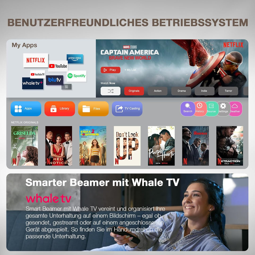 Smart Beamer Netflix Offiziell Mini Projektor 4K mit Autofokus ＆ Trapezkorrektur, VOPLLS 700ANSI 108