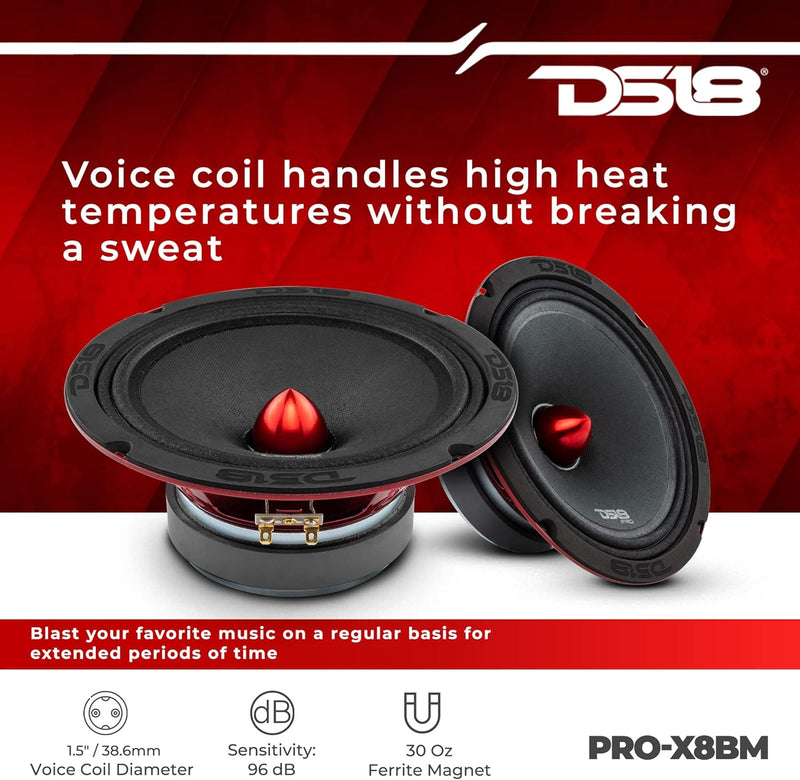 DS18 PRO-X8BM Auto-Mitteltöner, 20,3 cm, 600 W, 8 Ohm, Bass-Lautsprecher 8 Ohm 20,3 cm, 8 Ohm 20,3 c