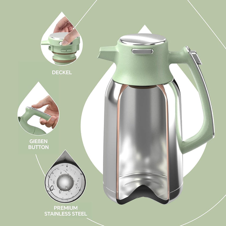 IDEUS® Thermoskanne 2l, Edelstahl Doppelwandige Kaffeekanne Vakuumisolierung Isolierkanne Warmhaltek