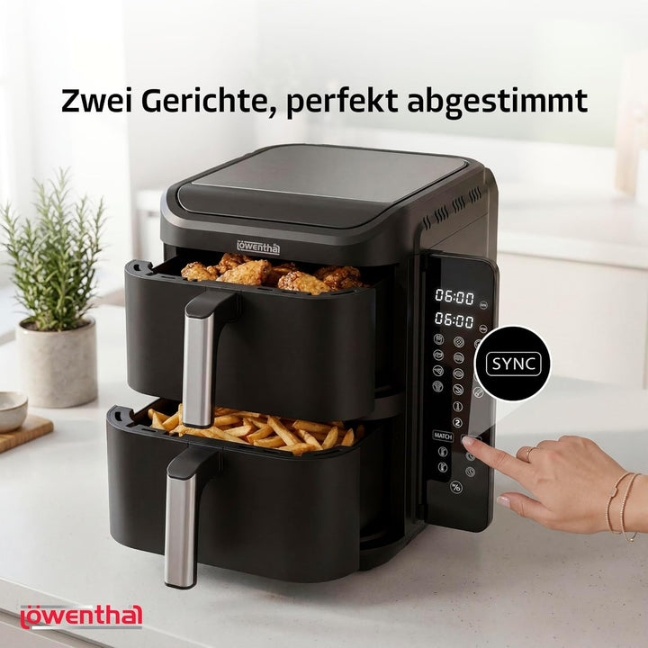 Löwenthal Airfryer XL 11L | Heissluftfritteuse mit Doppelkammer 5.5L + 5.5L | 2800W | Digitales Touc