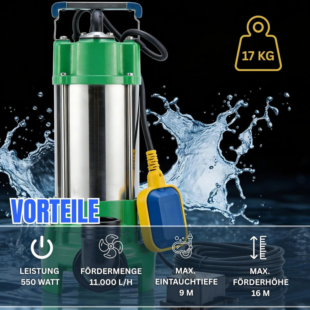 CHM GmbH® Profi Fäkalienpumpe Schmutzwasserpumpe V550 11000 L/h (Profi Fäkalienpumpe ohne 2" C-Schla