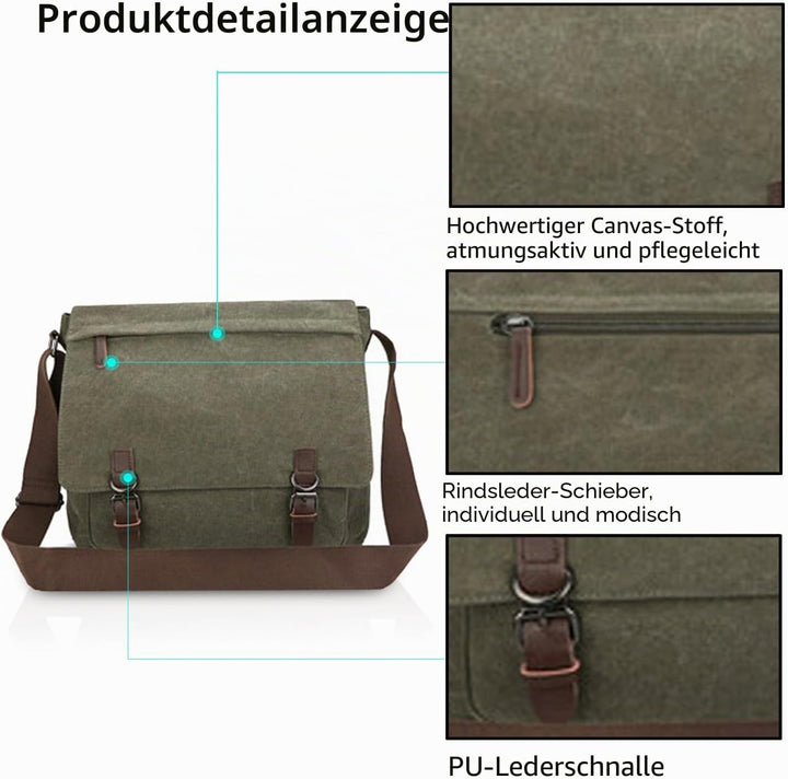 FANDARE Retro Umhängetasche Segeltuch Schultertasche Herren Damen Lehrertasche Briefträgertasche für