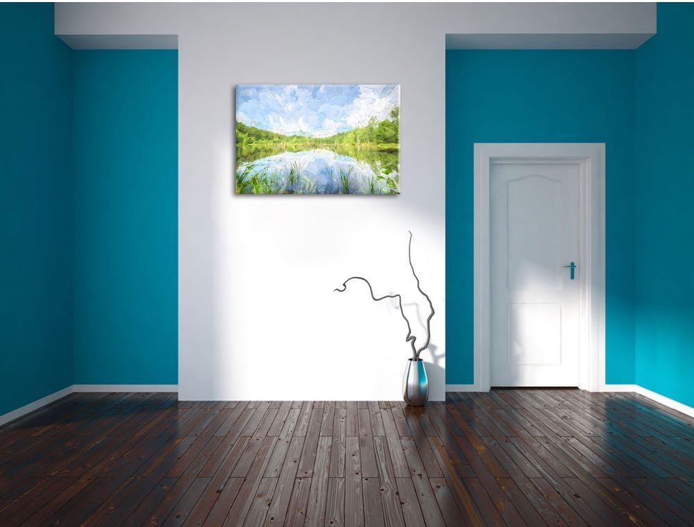 See im Wald Pinsel Effekt, Format: 100x70 auf Leinwand, XXL riesige Bilder fertig gerahmt mit Keilra