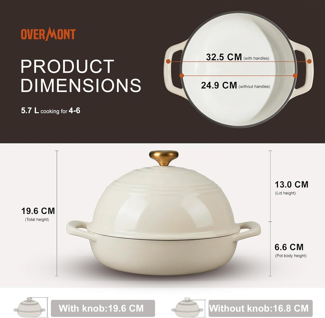 Overmont Gusseisen Topf Emaille Brotbacktopf - 5.7L Bräter Schmortopf mit Deckel und Kochbuch – für