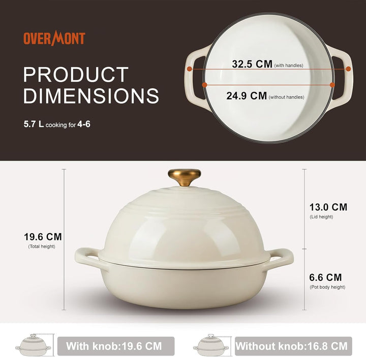 Overmont Gusseisen Topf Emaille Brotbacktopf - 5.7L Bräter Schmortopf mit Deckel und Kochbuch – für