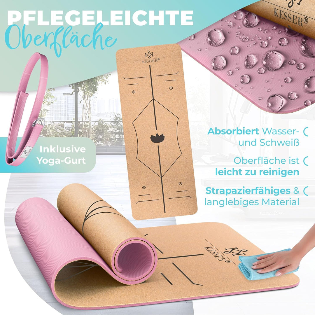 KESSER® Yogamatte Kork Inkl. Tragegurt Tasche & Yoga-Block Gymnastikmatte Yoga Matte rutschfest aus