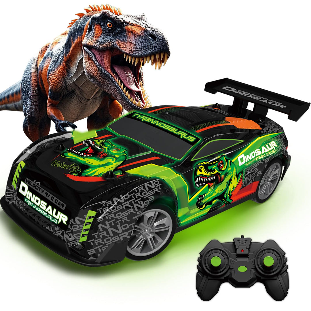Ferngesteuertes Auto ab 3 4 5 6 Jahre, Dinosaurier Spielzeug mit Licht und Musik, 15KM/H 1/16 Fernge