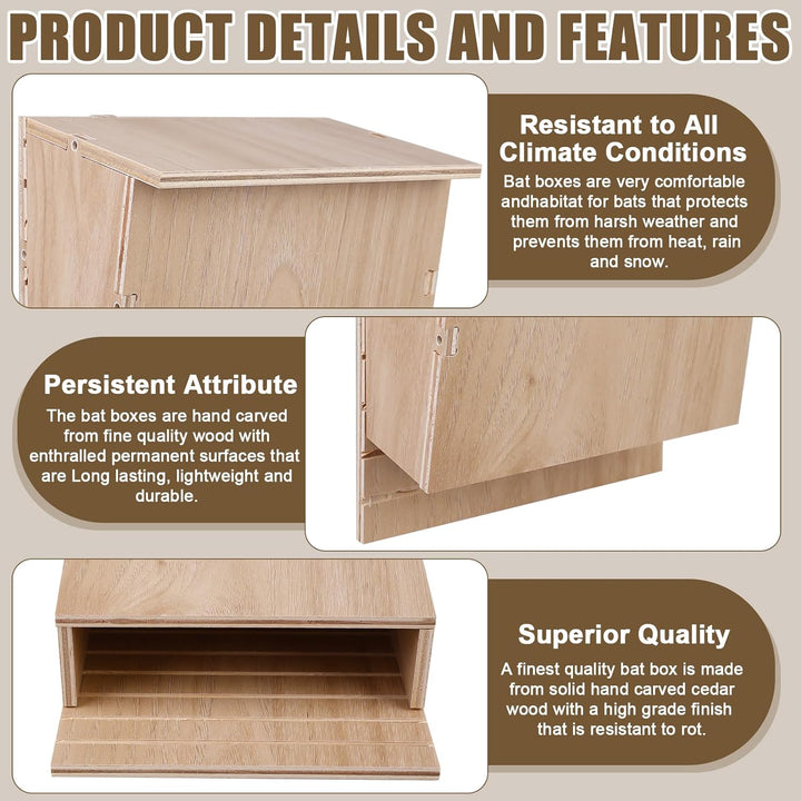 Outdoors Fledermauskasten, 24 x 8.3 x 9.9 cm Wetterfest, Grosser Unterschlupf für Fledermäuse, Holz