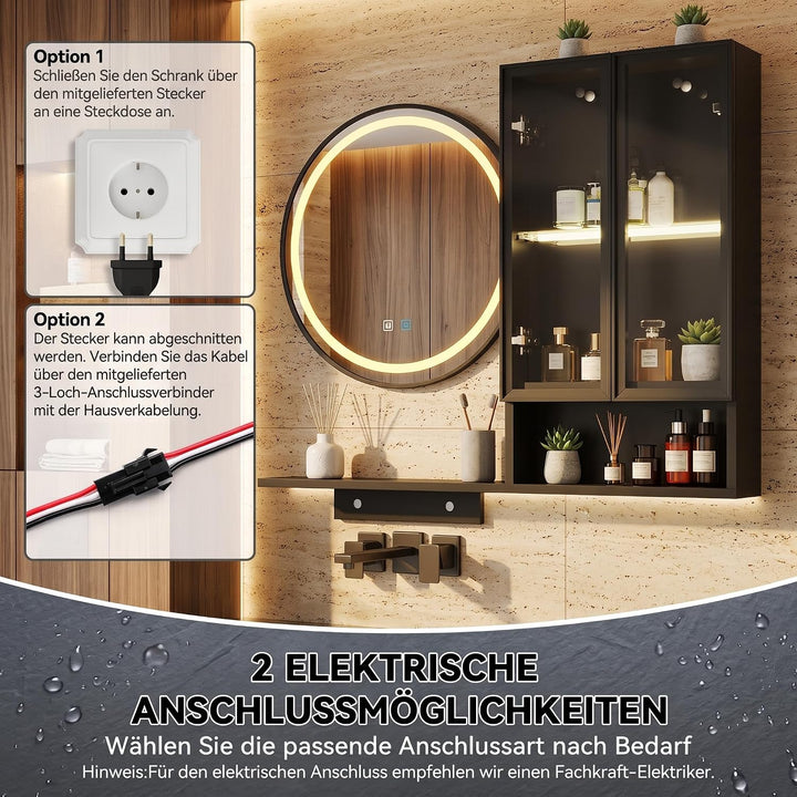 YOURLITE Badspiegel mit Beleuchtung und Ablage 50Rund,Beschlagfrei,Schrank Schwarz+schrank, Schwarz+