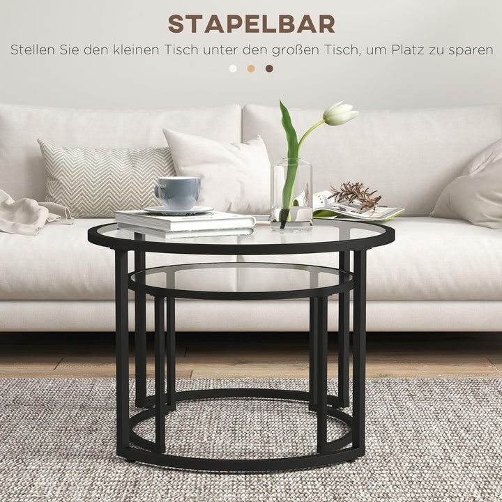 HOMCOM Couchtisch 2er-Set, Beistelltisch mit Schwarz Stahlgestell, Sofatisch, Kaffeetisch mit Tischp