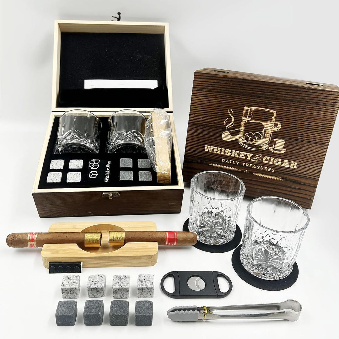 Daily Treasures Whiskey Steine Geschenkset mit hölzernem Aschenbecher&Schneider,Whiskey Gläser Set v