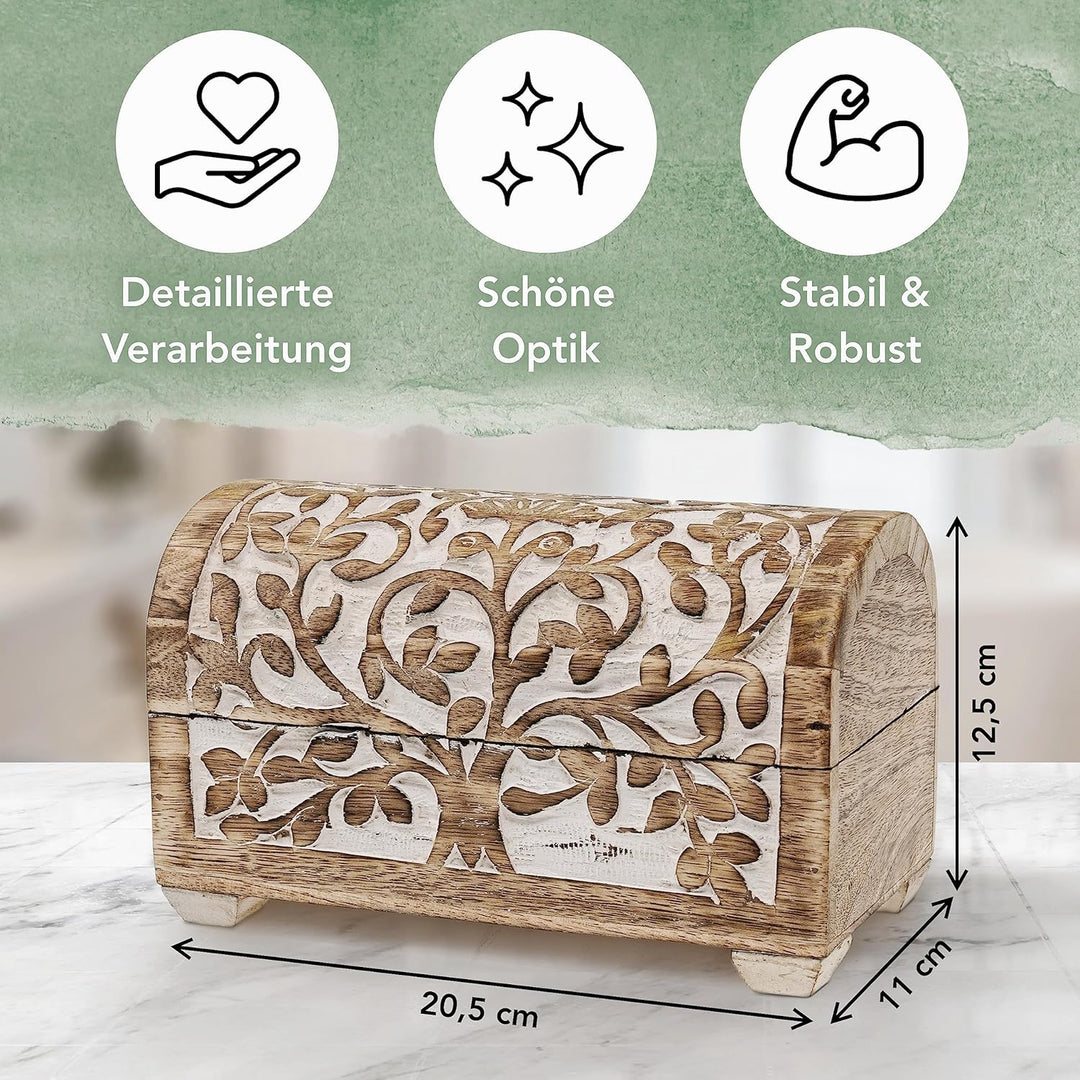 Schatzkiste Schatztruhe Baum des Lebens white wash, massive Holz-Schatulle Dekobox 20,5 x 11 x 12,5