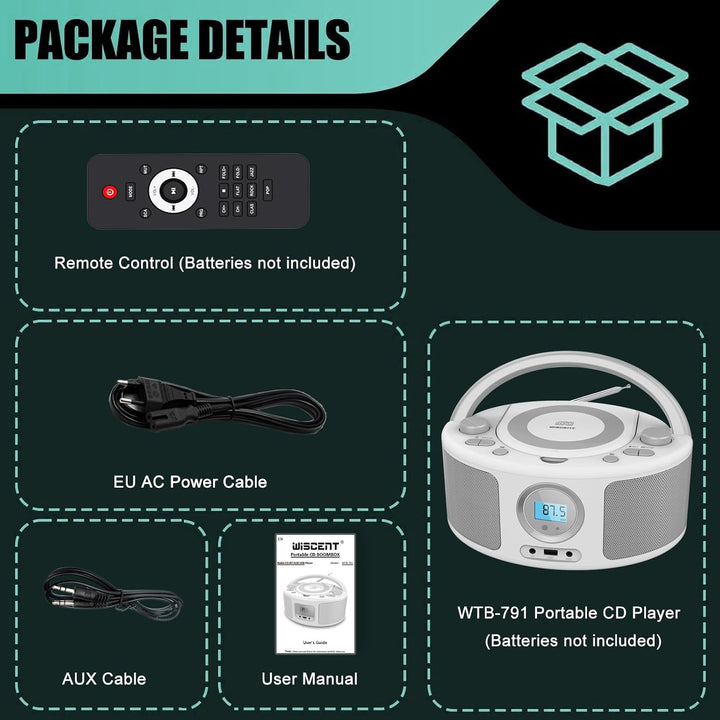 WISCENT Tragbares CD Radio (CD-Player, Boomboxen, UKW Radio, USB, Kopfhöreranschluss, AUX-In),CD Spi