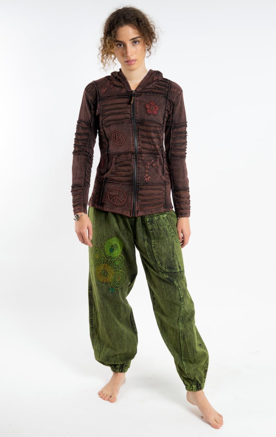 GURU SHOP Goa Patchwork Jacke, Kapuzenjacke, Damen, Baumwolle, 38 dunkelbraun