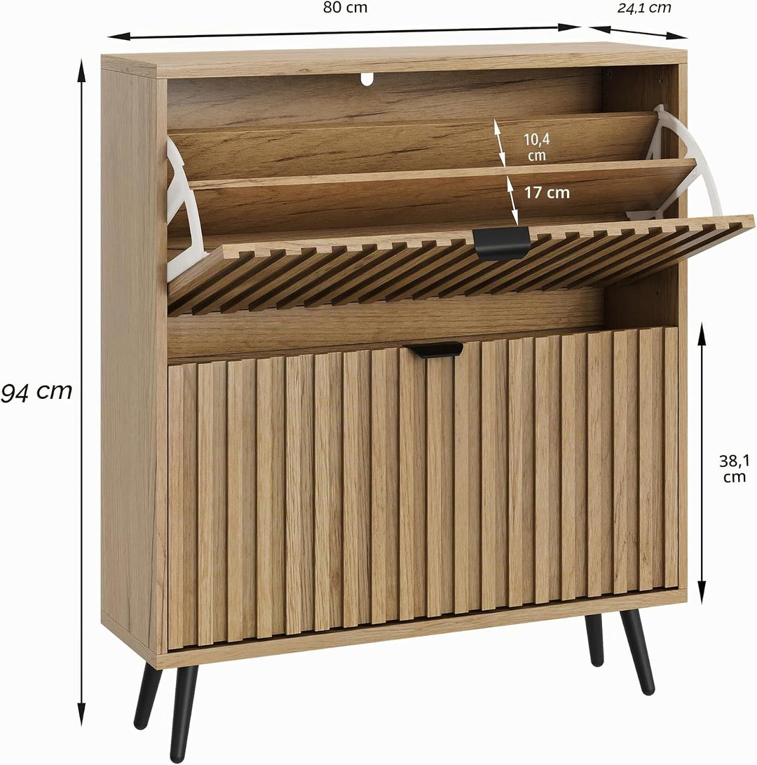 Smuxee Schuhschrank mit 2 Klappschubladen, 80 cm, natürlicher versteckter Schuhschrank mit geriffelt