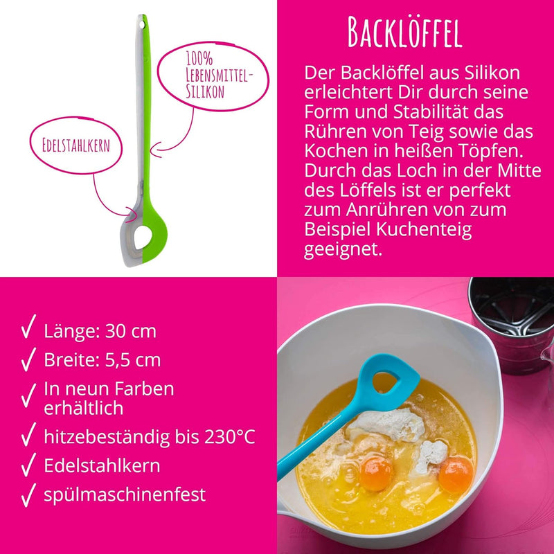 Kochblume Back Set 5-teilig | Backlöffel, Teigschaber M, Flexlöffel S, Schneebesen M, Pinsel S | in