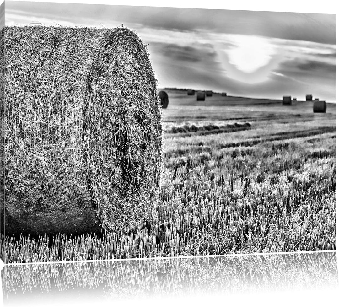 Pixxprint Strohballen auf Feld / 100x70cm Leinwandbild bespannt auf Holzrahmen/Wandbild Kunstdruck D