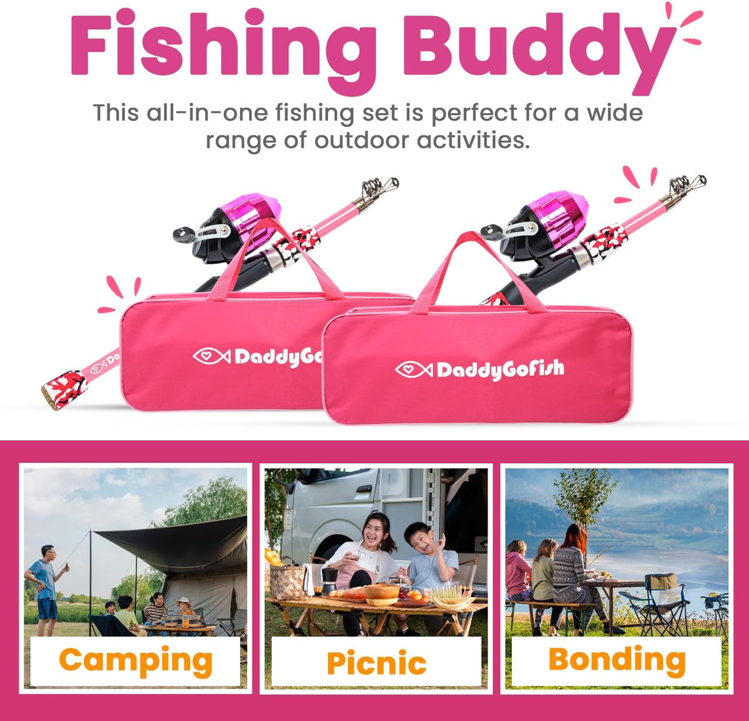 DaddyGoFish Kinder Angelset - Teleskoprute &amp; Rolle Combo mit Klappstuhl, Rutenhalter, Tackle Box, Kö