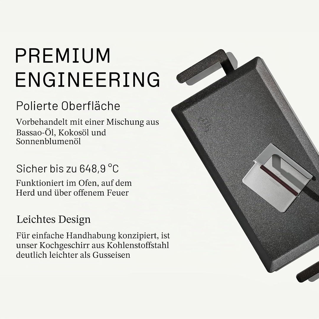 Made In Kochgeschirr – Grillplatte + Grillpresse aus Kohlenstoffstahl – (wie Gusseisen, aber besser)