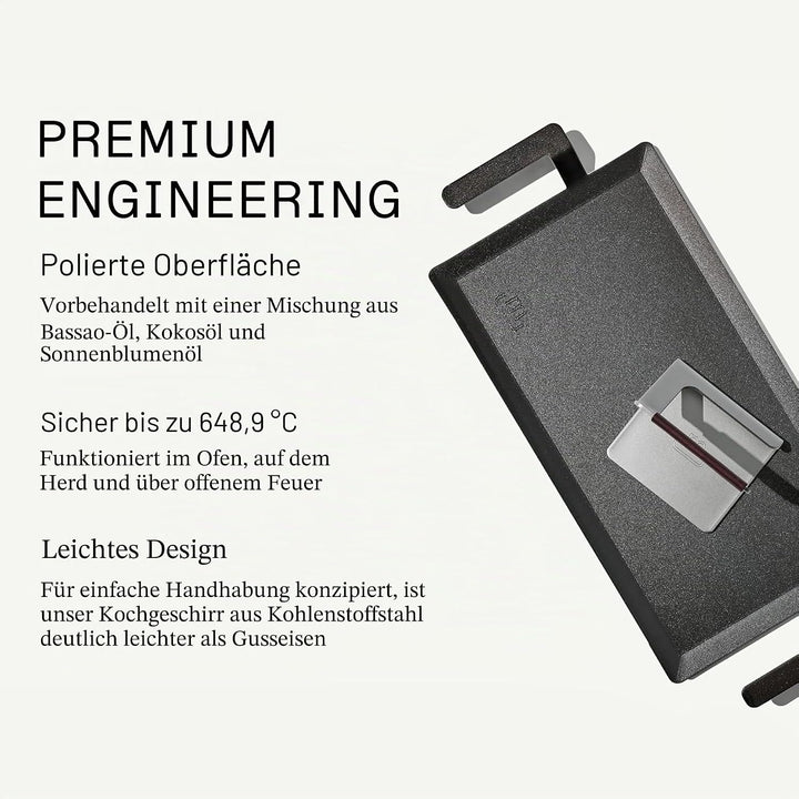 Made In Kochgeschirr – Grillplatte + Grillpresse aus Kohlenstoffstahl – (wie Gusseisen, aber besser)