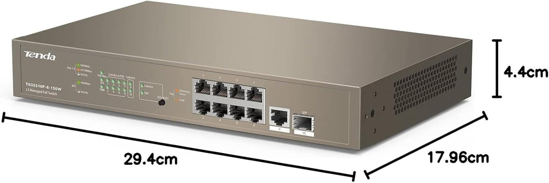 Tenda L3 Managed PoE Switch 10-Port Gigabit LAN Switch mit 8 PoE+ Ports (130W, VLAN, Igmp-Snooping,