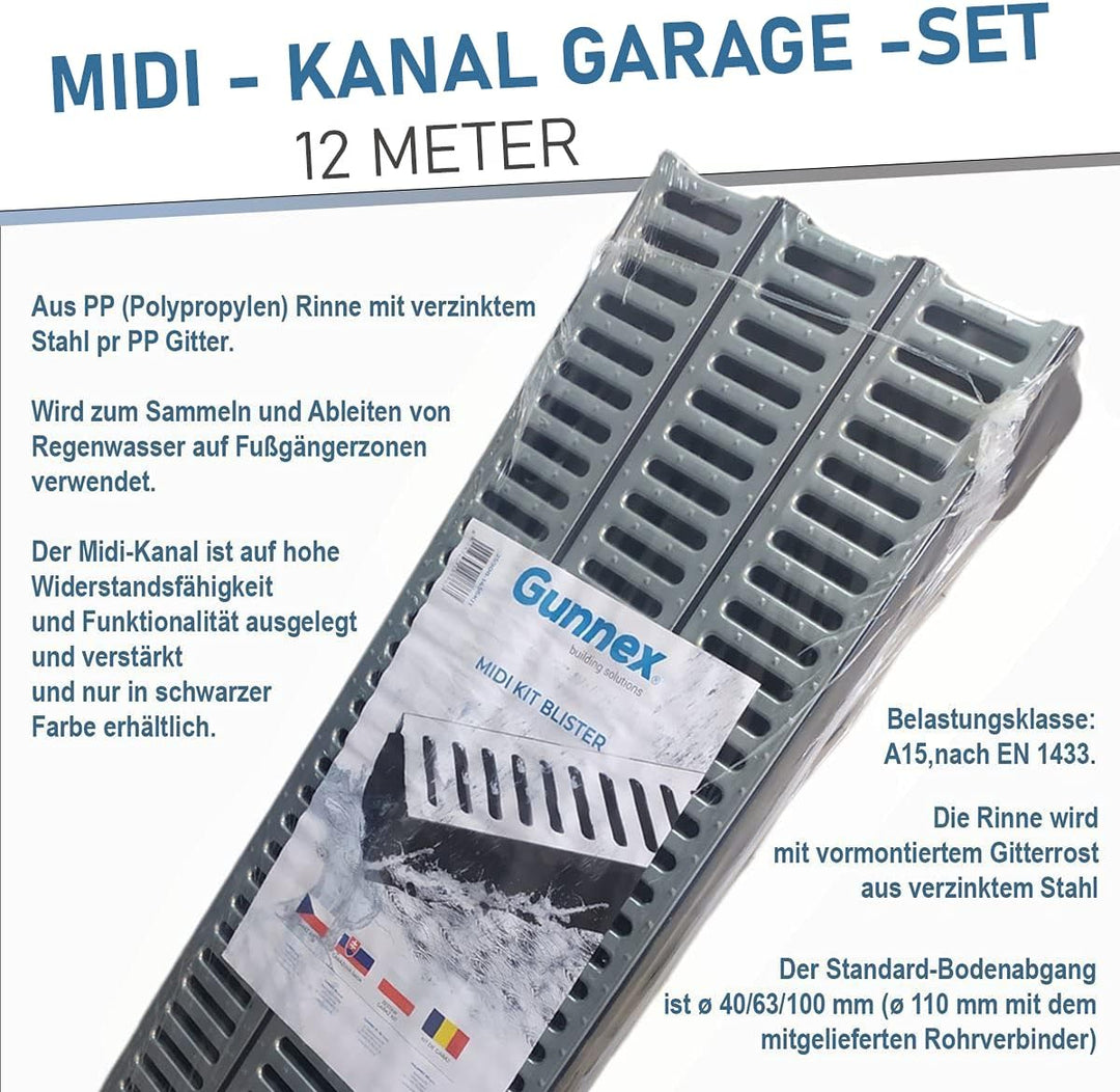 Entwässerungsrinne STAHL A15 Garage-Set 12 Meter Kit Midi-Kanal Rinne DAKOTA GUNNEX (12m), 12m