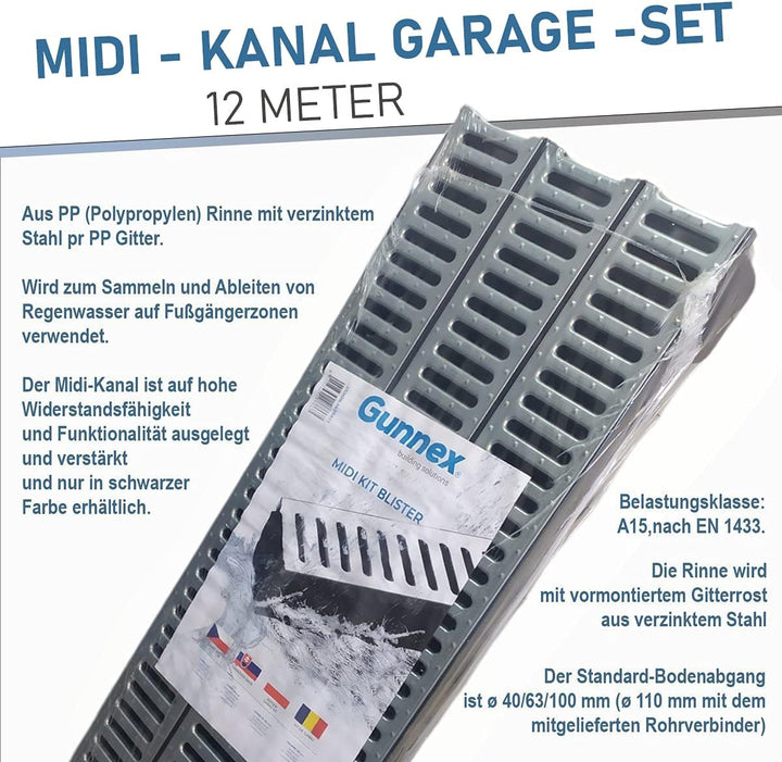 Entwässerungsrinne STAHL A15 Garage-Set 12 Meter Kit Midi-Kanal Rinne DAKOTA GUNNEX (12m), 12m
