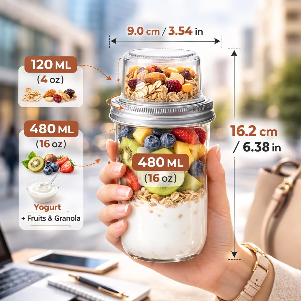 Müslibecher to Go aus Glas, 4er Set für Overnight Oats, 480+120 ml | Mit separatem Toppingfach für J