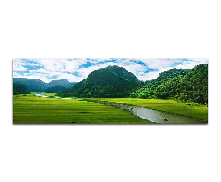 Paul Sinus Art Panoramabild auf Leinwand und Keilrahmen 150x50cm Vietnam Reisfeld Berge Fluss Boote