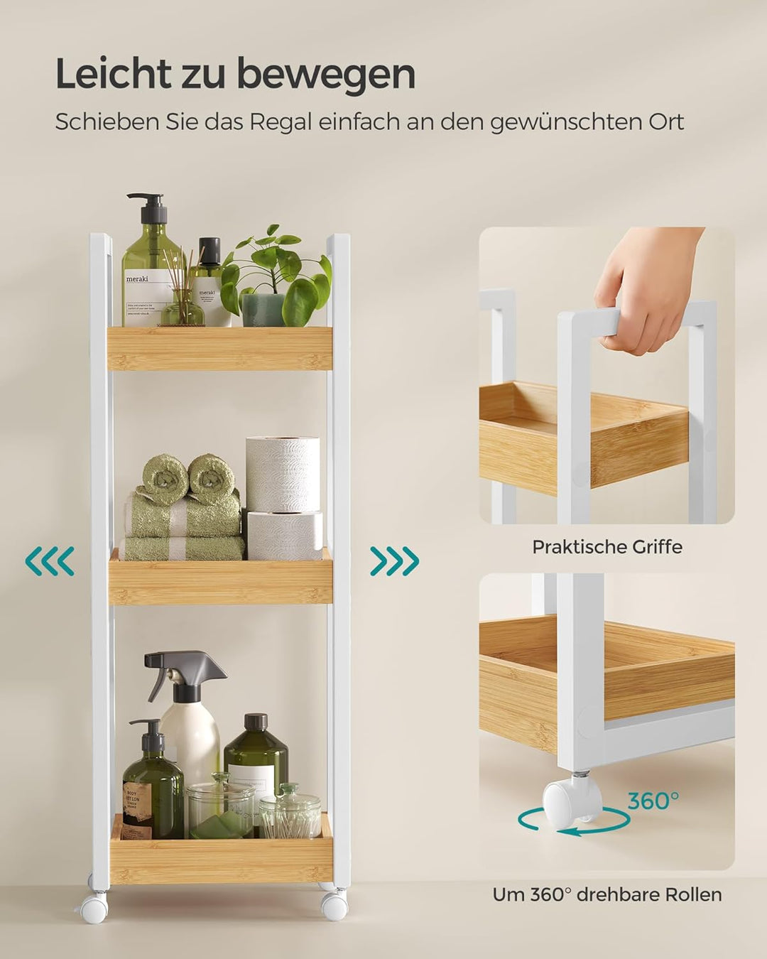 SONGMICS Rollwagen, Badregal, Badezimmerregal mit 3 Ebenen, Nischenregal Bambus, Regal schmal, Nisch