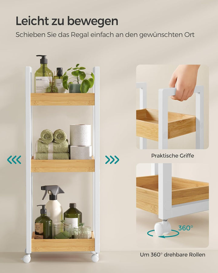 SONGMICS Rollwagen, Badregal, Badezimmerregal mit 3 Ebenen, Nischenregal Bambus, Regal schmal, Nisch