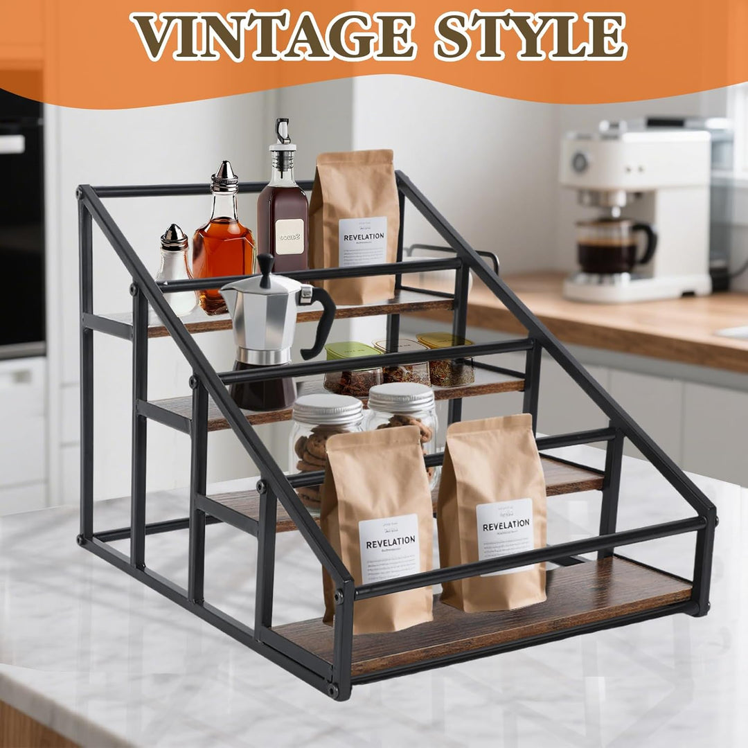 Weinständer mit Tablett, 4-Tier Regal für Spirituosenflaschen mit Zäune,Schnapsflasche Display Regal