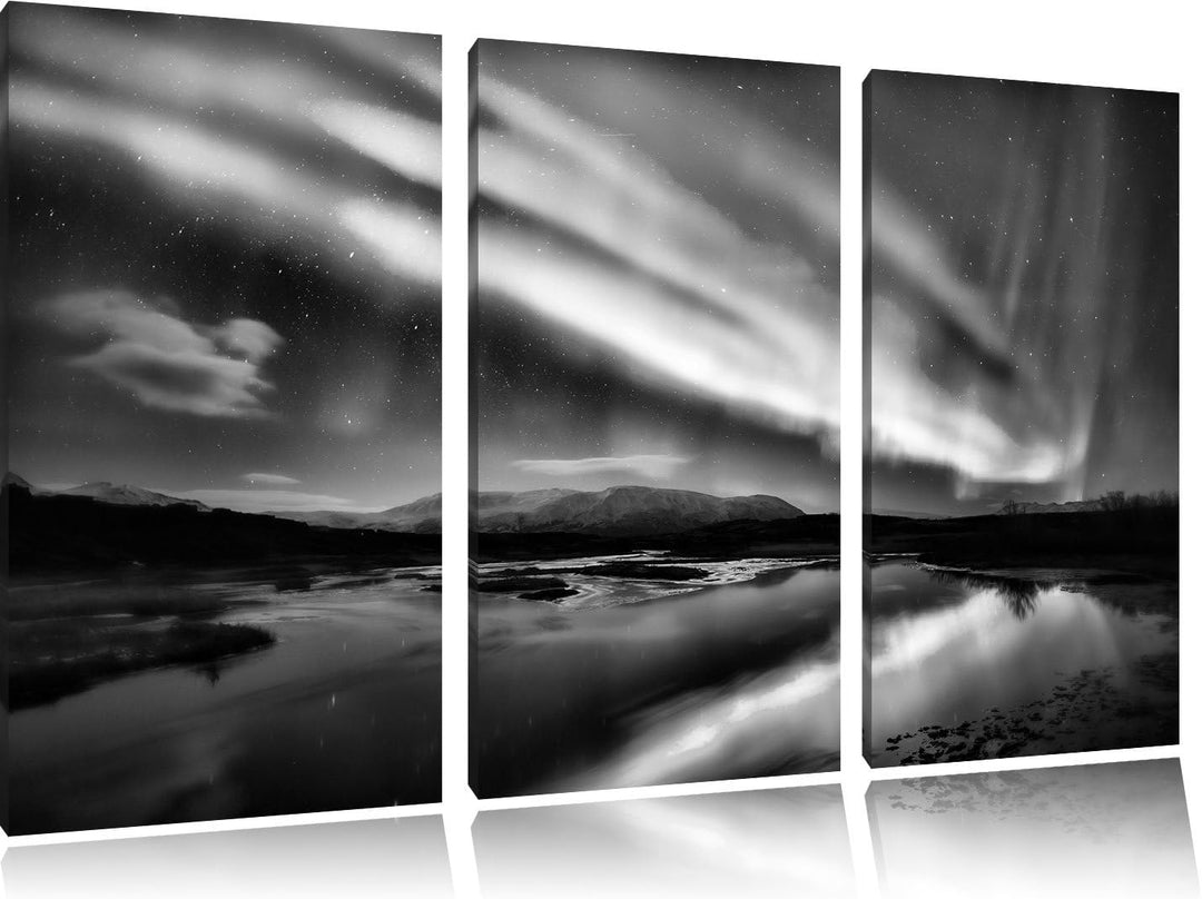 Pixxprint Monocrome, Polarlichter in Skandinavien 3-Teiler Leinwandbild 120x80 Bild auf Leinwand