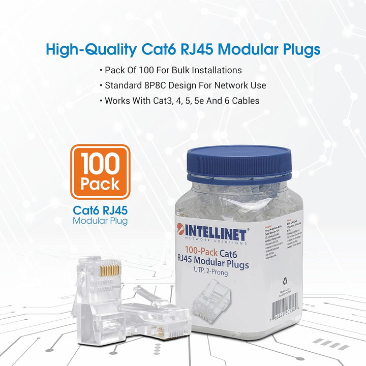 Intellinet 100er Pack Cat6 RJ45 Modularstecker (UTP, 2-Punkt-Aderkontaktierung) 502344 100 Stk Cat6