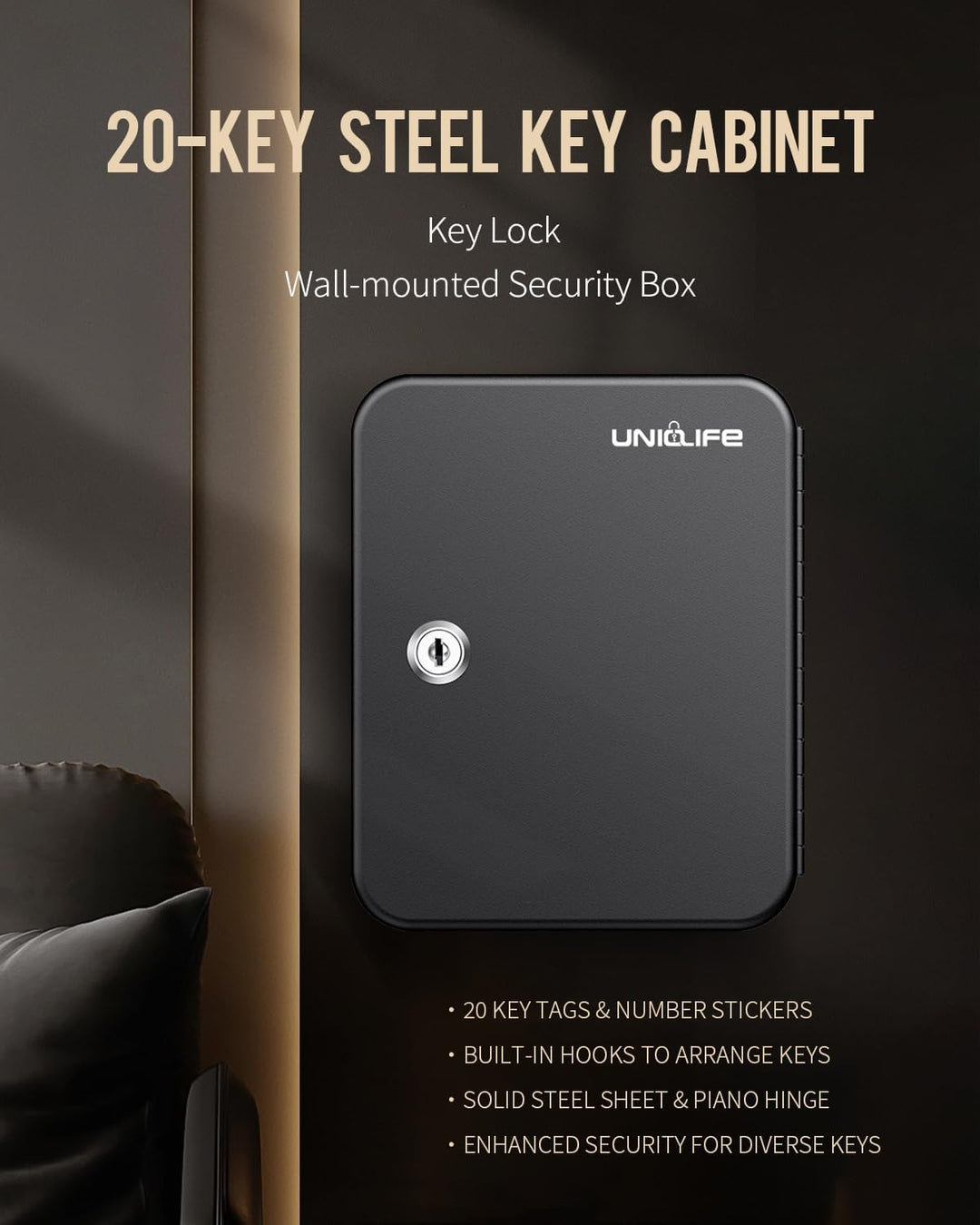 Uniclife Schlüsselschrank mit 20 Positionen, mit Schlüsselschloss, Wandmontage, schwarz, Sicherheits