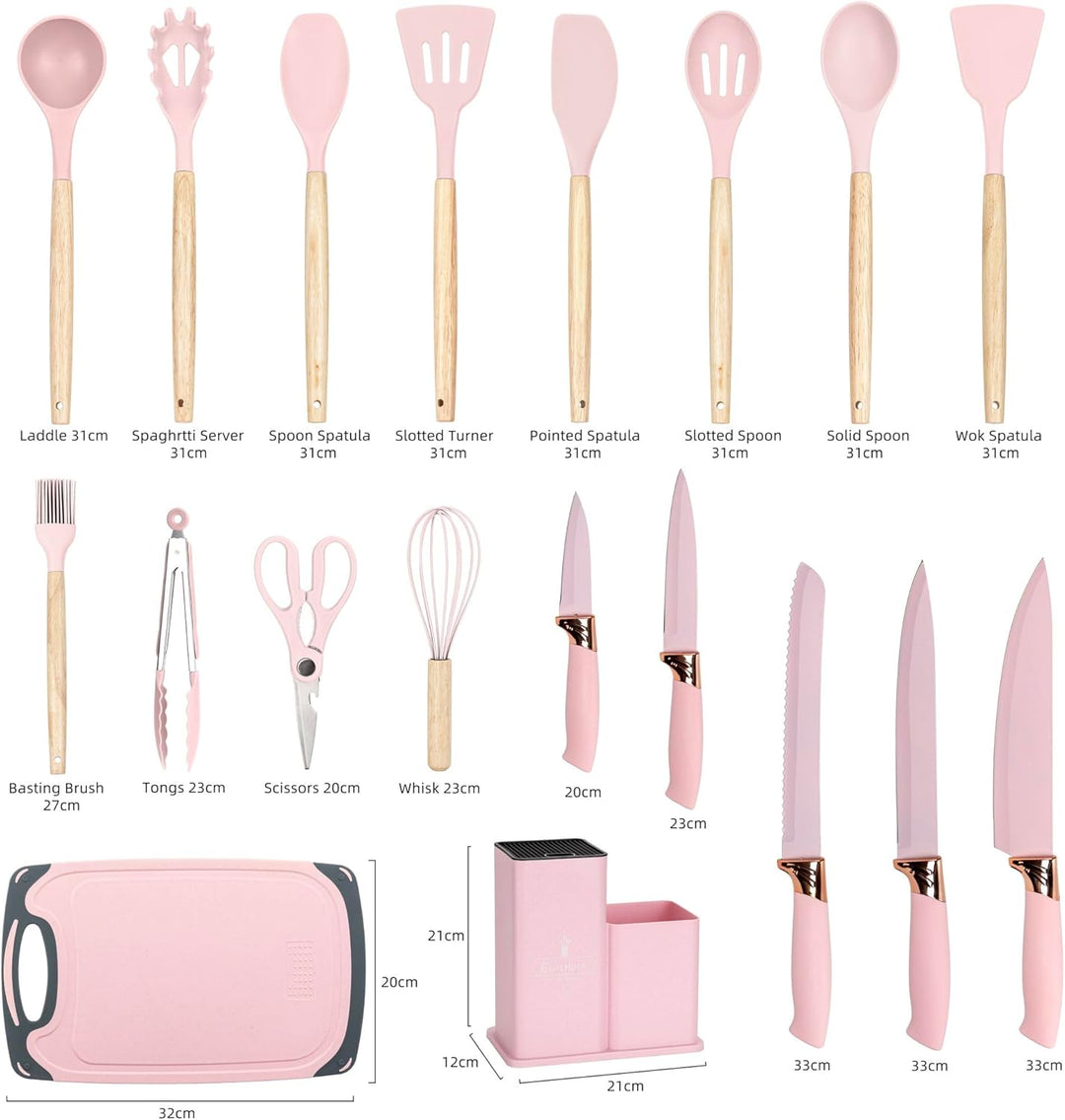 EliteHoff Küchenmesser-Set 19-teilig – Silikon-Küchenutensilien-Set mit Holzgriffen, 5 Messer, 12 Ko
