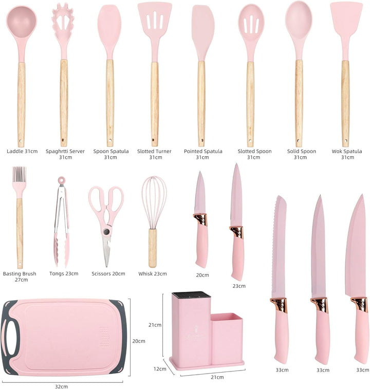EliteHoff Küchenmesser-Set 19-teilig – Silikon-Küchenutensilien-Set mit Holzgriffen, 5 Messer, 12 Ko