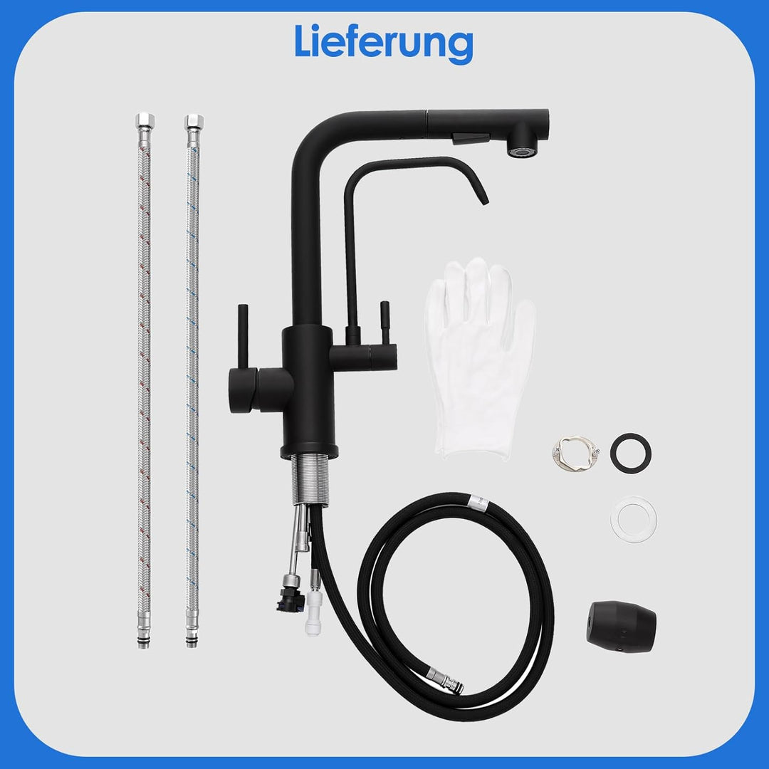 ROVOGO 3 Wege Wasserhahn Küche Edelstahl 304 mit Herausziehbare Dual-Spülbrause, Hochdruck Schwarz K