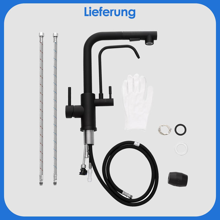 ROVOGO 3 Wege Wasserhahn Küche Edelstahl 304 mit Herausziehbare Dual-Spülbrause, Hochdruck Schwarz K