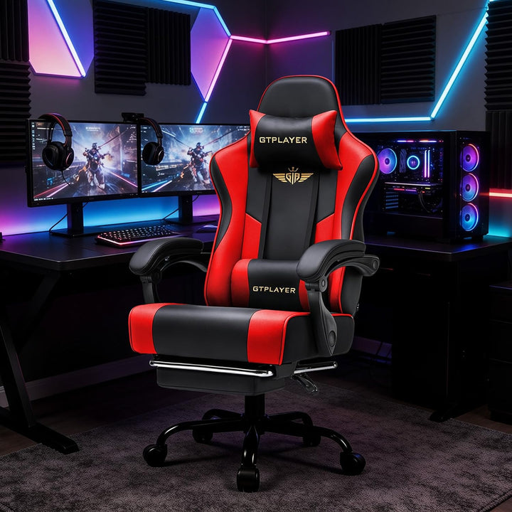 GTPLAYER Gaming Stuhl Chair Gamer Sessel - Ergonomischer Gamer Stuhl mit Fussstütze Kopfstütze und L