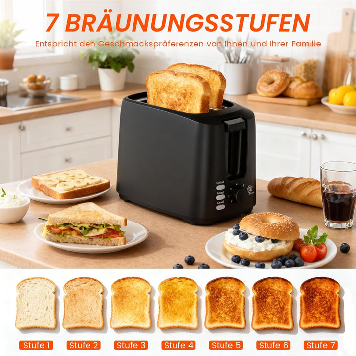 Toaster 2 Scheiben 750W Mini Toaster Schwarz Kompakt Design Mit 7 Bräunungsstufen Auftau Aufwärm Sto