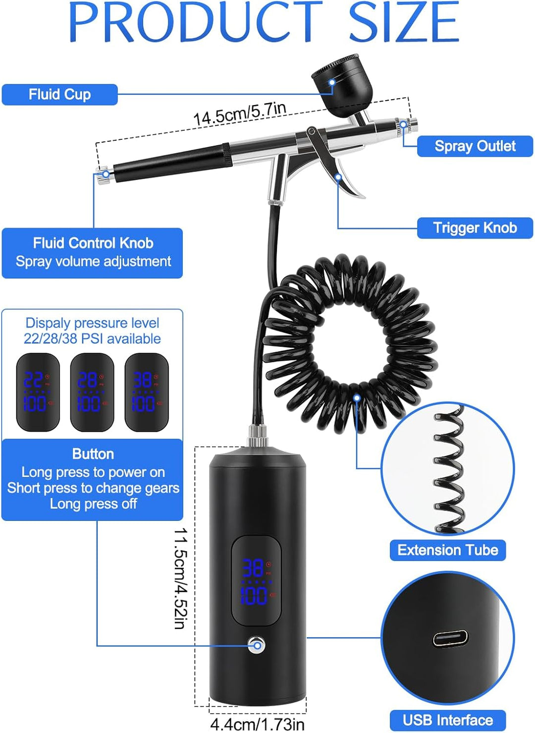Kalolary 38PSI Airbrush-Set mit Kompressor, Mehrzweck Kabelloser Hochdruck-Kompressor Wiederaufladba