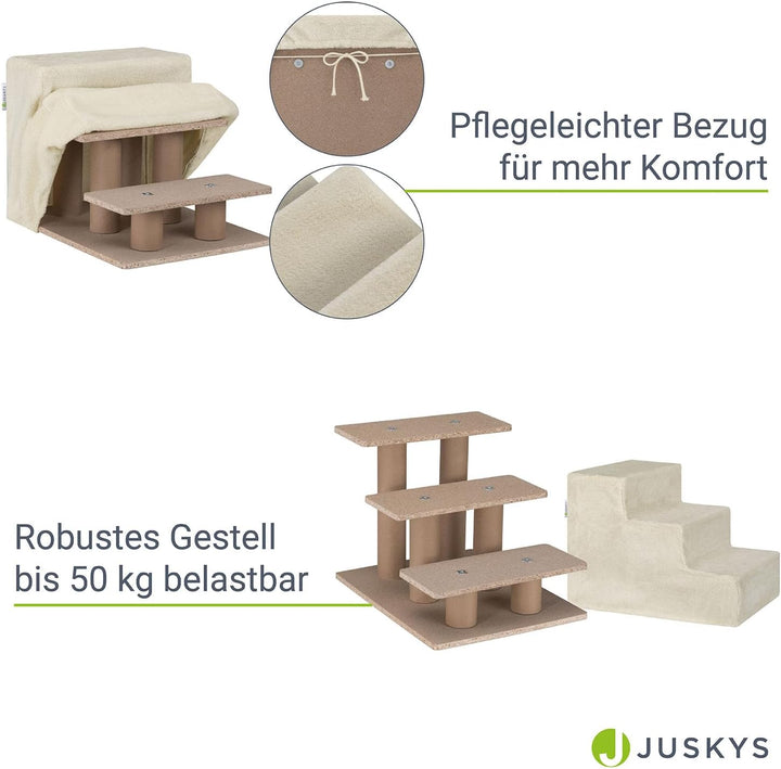 Juskys Haustiertreppe Hundetreppe 36 cm - Treppe 3 Stufen Plüsch-Bezug waschbar - Katzentreppe Hunde