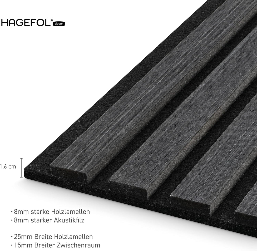 HAGEFOL® Akustikpaneele selbstklebend EasyFix, 240x56cm, Farbe: Schwarz Holz, Lamellen Wandpaneele f