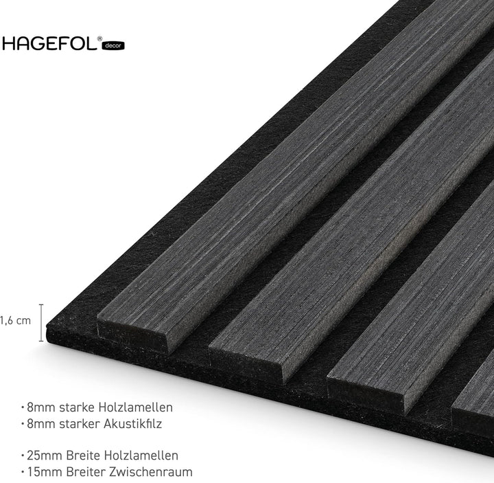 HAGEFOL® Akustikpaneele selbstklebend EasyFix, 240x56cm, Farbe: Schwarz Holz, Lamellen Wandpaneele f